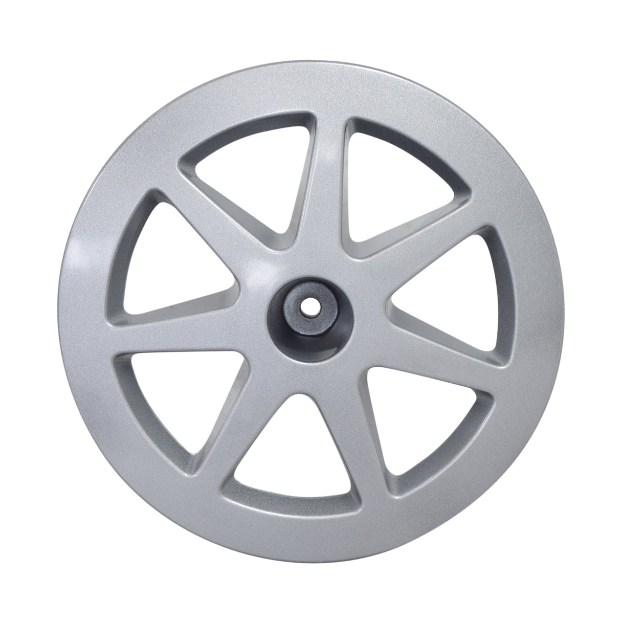 3.00-4 (10x3, 260x85) Flat-Free Drive Wheel Assembly for Jazzy Select - Manufactured between Feb. 2006 & Feb. 2010. Features a silver wheel with a black center, designed for power chairs.