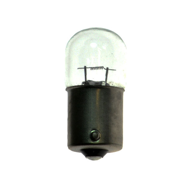 24 Volt Headlight Bulb for the Pride Legend (SC300/SC340), featuring a clear cap and a single electric contact at the bottom, designed for easy plug-n-twist installation on Pride Mobility scooters.