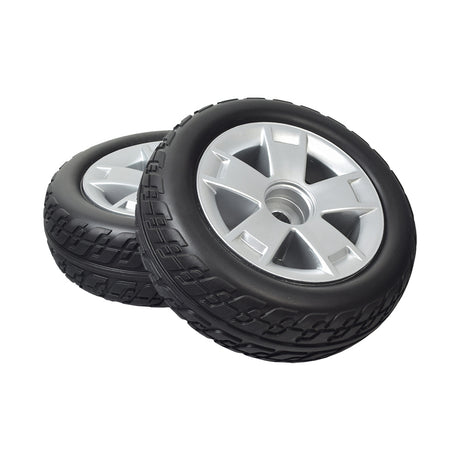 9 Rear Wheel Assembly with Black Molded Tire for Pride Victory 9 3-Wheel and 4-Wheel Scooter (Set of 2), featuring a pair of tires with a silver rim, compatible with various mobility scooter models.