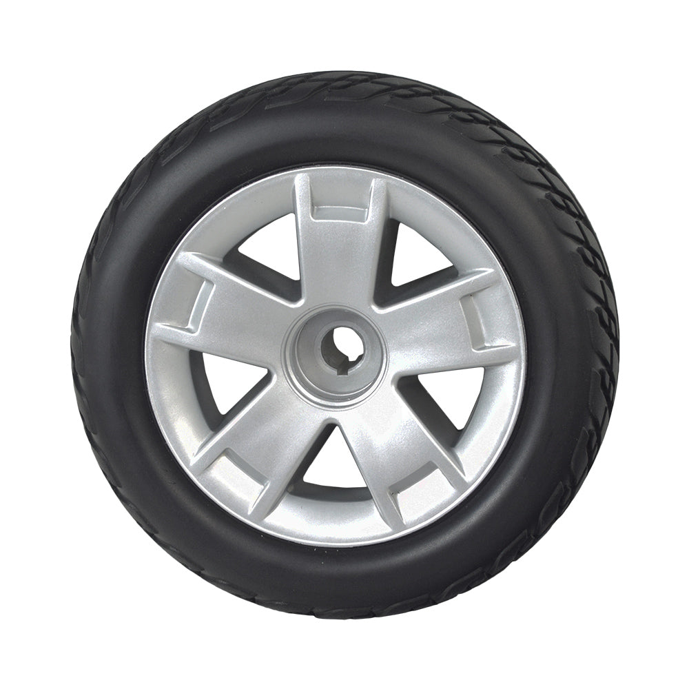 9 Rear Wheel Assembly with Black Molded Tire for Pride Victory 9 3-Wheel and 4-Wheel Scooter (Set of 2), featuring a black tire with a silver rim, shown in close-up.