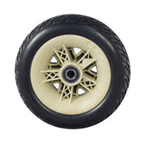 Front Wheel Assembly with Black Molded Tire for Pride Victory 9 4-Wheel Scooter (SC709) featuring a white rim and circular metal center, including 6202-2RS bearings.