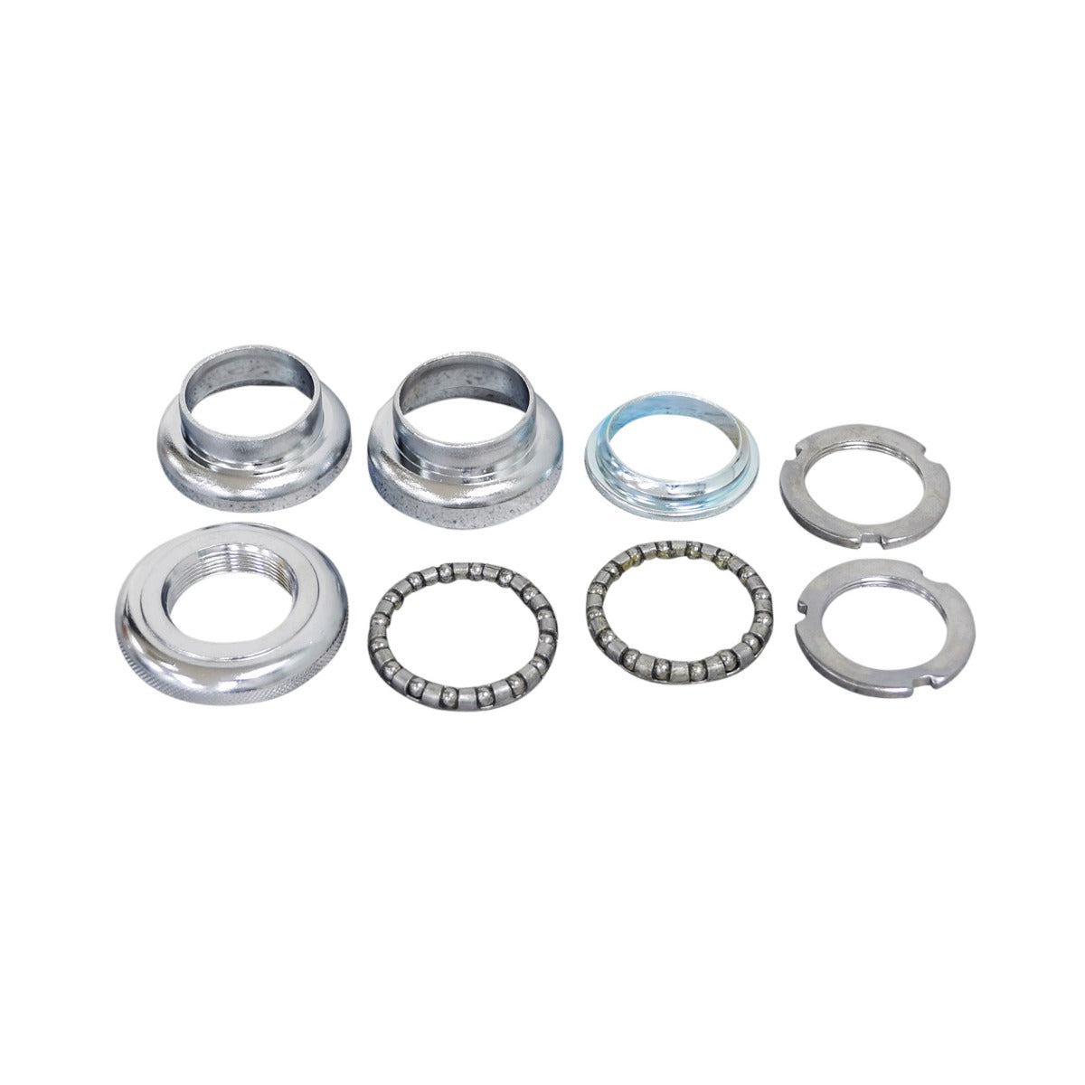 Headset Steering Bearing Kit for Go-Go and Pride Mobility Scooters, featuring close-ups of metal head cups, cone heads, and inner fork bearing components arranged together.