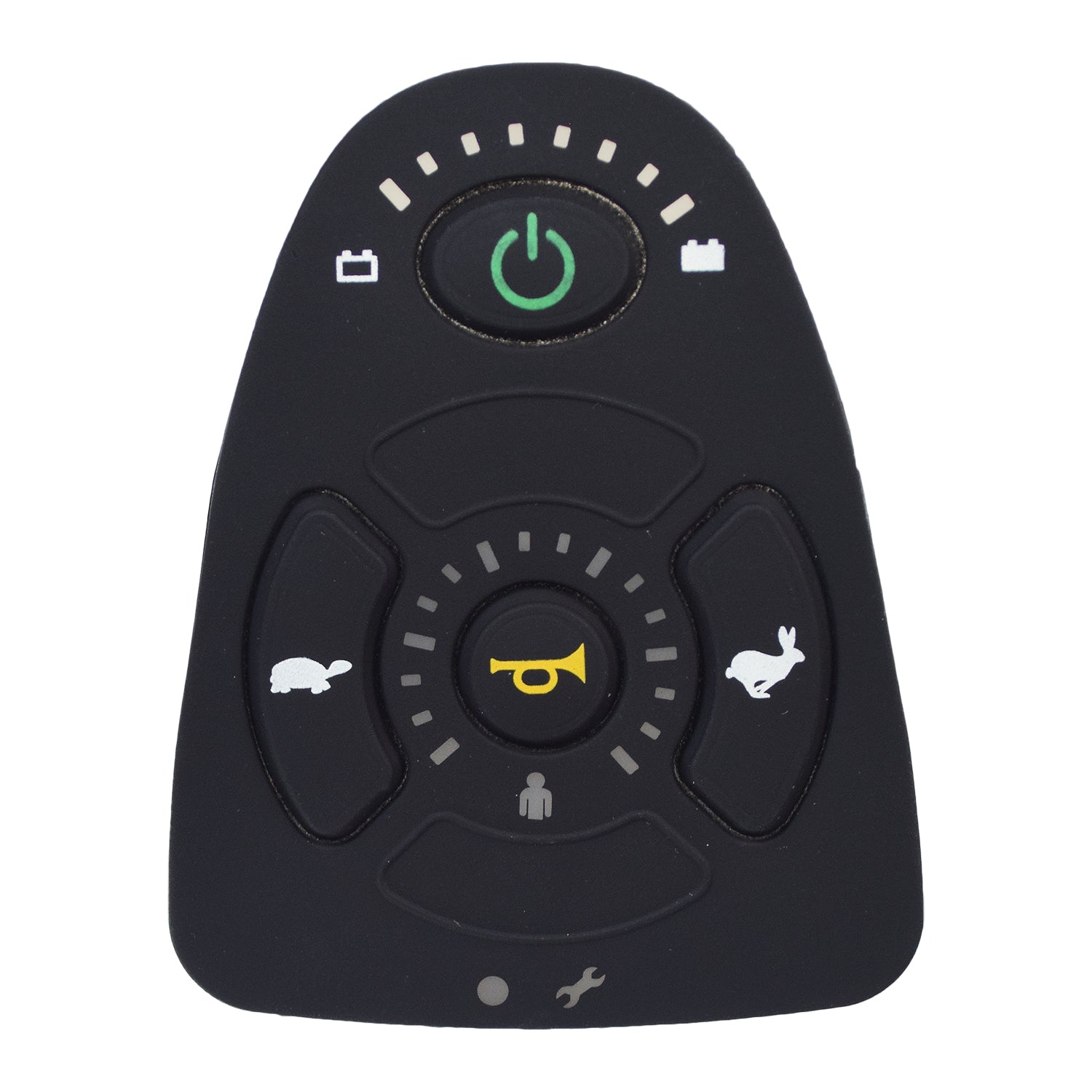 Keypad for the 4 Key Dynamic Shark DK-REMD01 and DK-REMD02 (MK5 SPJ+) Joystick, featuring a black remote control with a prominent white and yellow button, ideal for power wheelchair use.