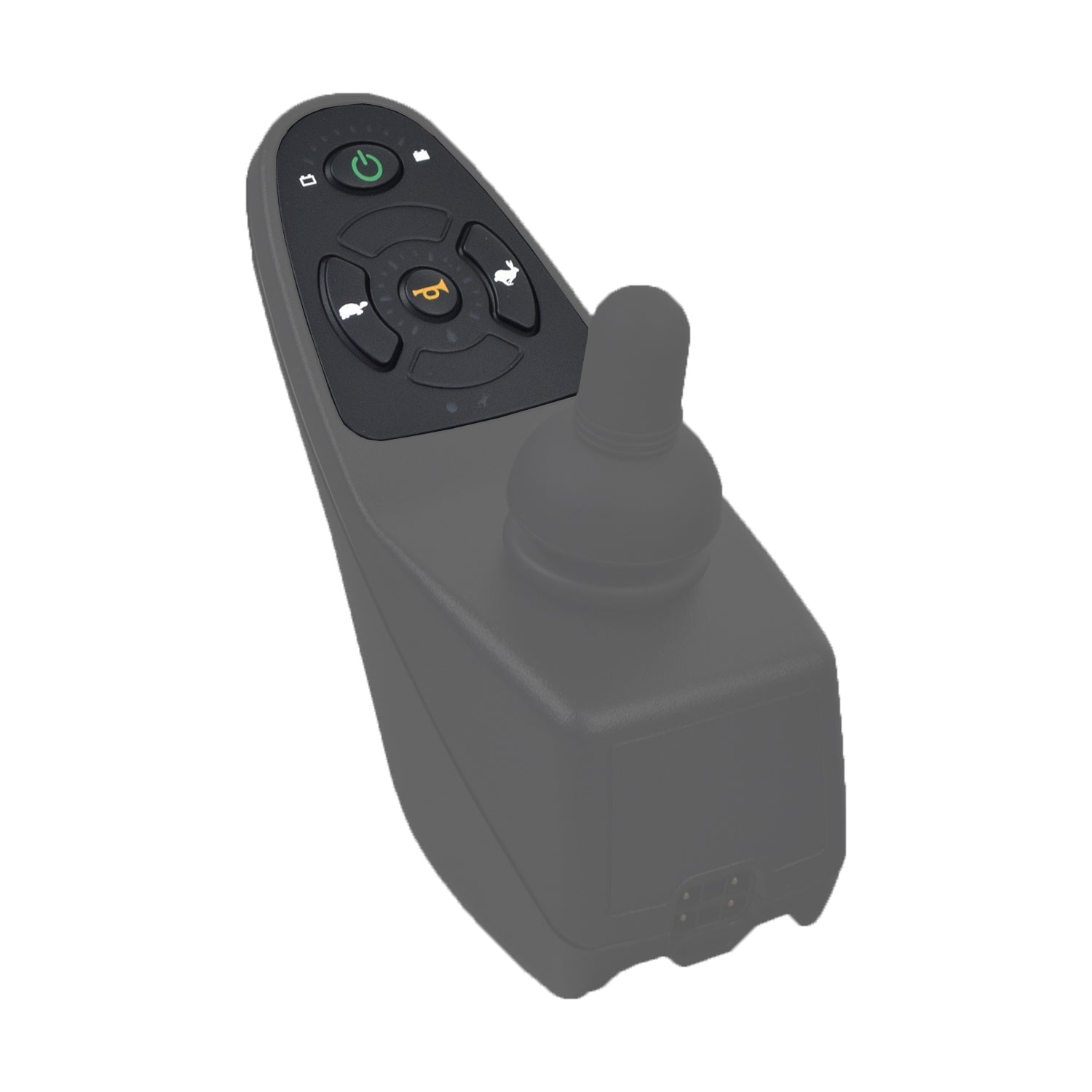 Keypad for Invacare SPJ+ Joystick Controllers, featuring a close-up of a black remote control with distinct, labeled buttons, including a green power button, designed for Invacare Pronto series power chairs.