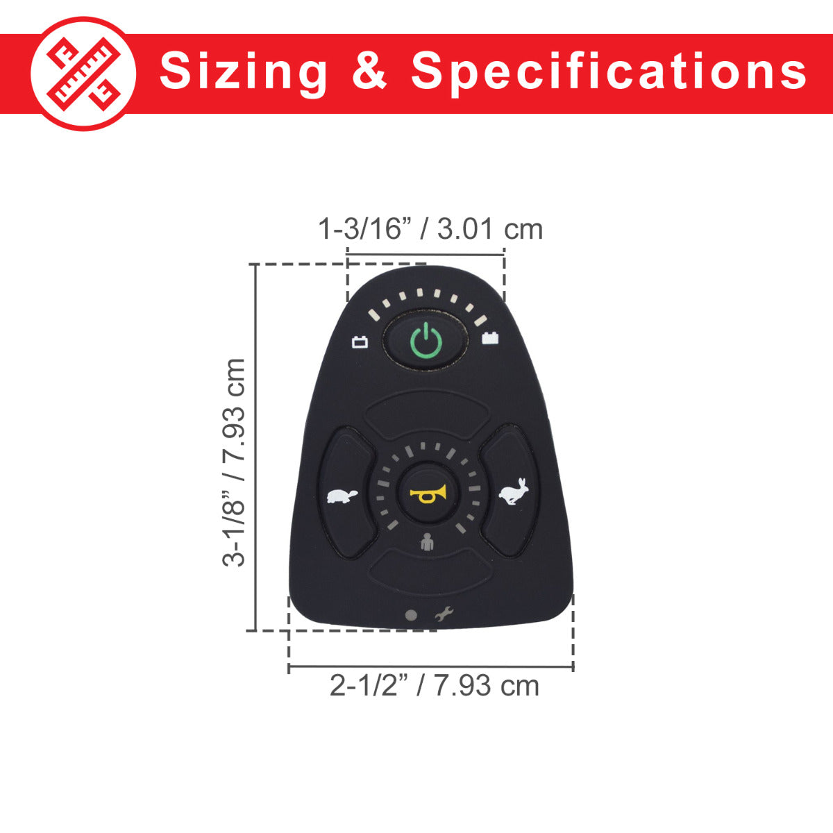 Keypad for the 4 Key Dynamic Shark DK-REMD01 and DK-REMD02 (MK5 SPJ+) Joystick, showing a black remote control with a detailed diagram and green power button on a black surface.