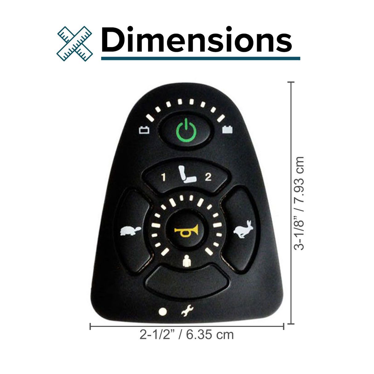 Black remote control with white text, labeled Keypad with Actuator Buttons for the 5 Key Dynamic Shark DK-REMD11 and MK5 SPJ+ Joystick, shown in a close-up view highlighting its button layout.