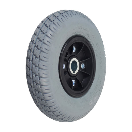 8x2 (200x50) Gray Flat-Free Rear Wheel Assembly for the Go-Go Travel Vehicle and Go-Chair, featuring a black plastic split rim and flat-free tire, ideal for easy tire changes.