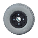 8x2 (200x50) Gray Flat-Free Rear Wheel Assembly for the Go-Go Travel Vehicle and Go-Chair, featuring a black split rim, nuts, screws, and a gray flat-free tire.