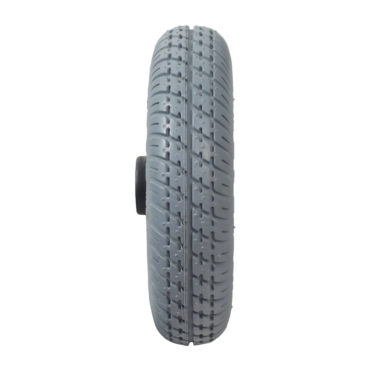 8x2 (200x50) Gray Flat-Free Rear Wheel Assembly for the Go-Go Travel Vehicle and Go-Chair, showcasing a close-up of the tread, rim, and mounting hardware visible against a plain background.