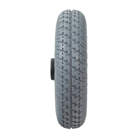 8x2 (200x50) Gray Flat-Free Rear Wheel Assembly for the Go-Go Travel Vehicle and Go-Chair, showcasing a close-up of the tread, rim, and mounting hardware visible against a plain background.