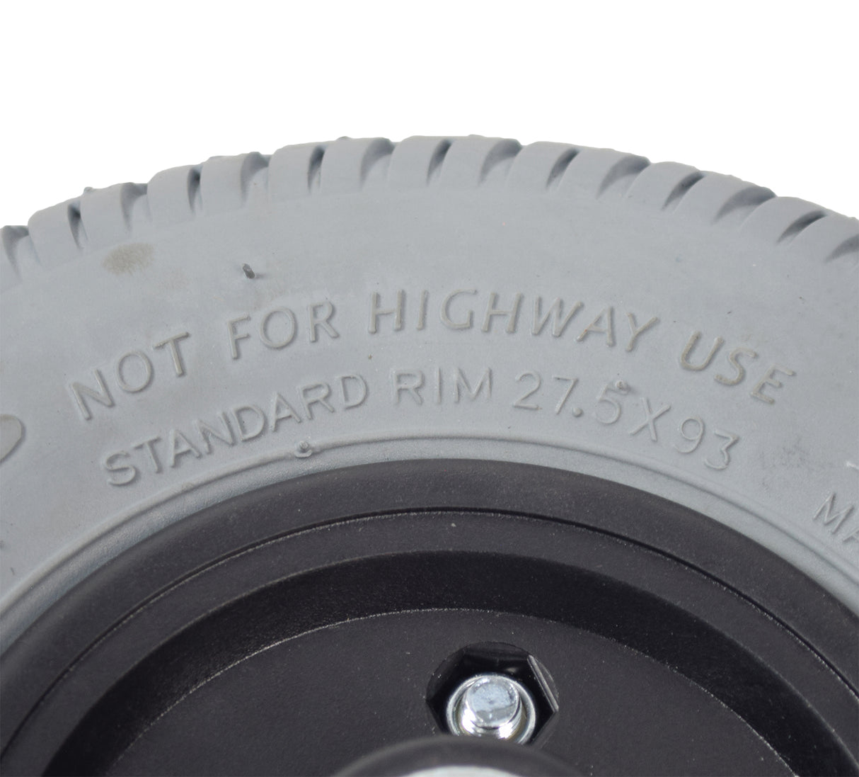 8x2 (200x50) Gray Flat-Free Rear Wheel Assembly for the Go-Go Travel Vehicle and Go-Chair, showing a close-up of the wheel, tire, nuts, screws, and black plastic split rim.