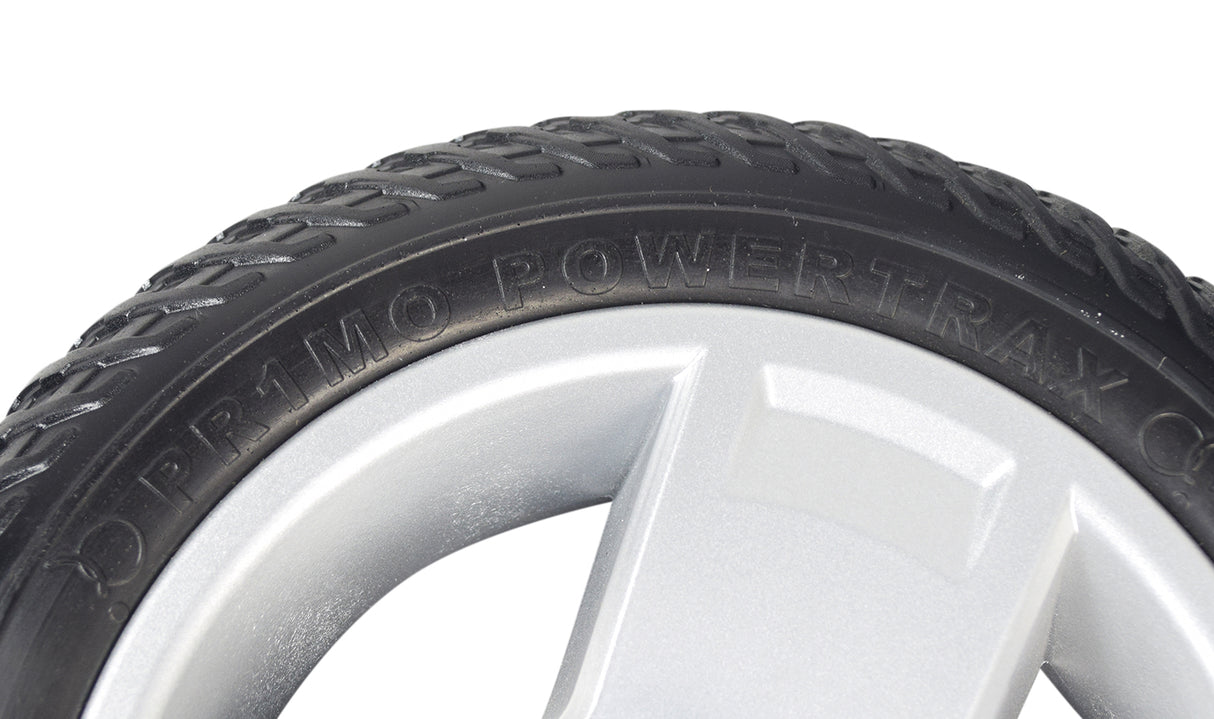 Close-up of the 8x2 (200x50) Black Flat-Free Front Wheel Assembly with a stylish silver tri-spoke rim for Go-Go & Pride 3-Wheel Travel Mobility Scooters, featuring a detailed tire tread and bearings.