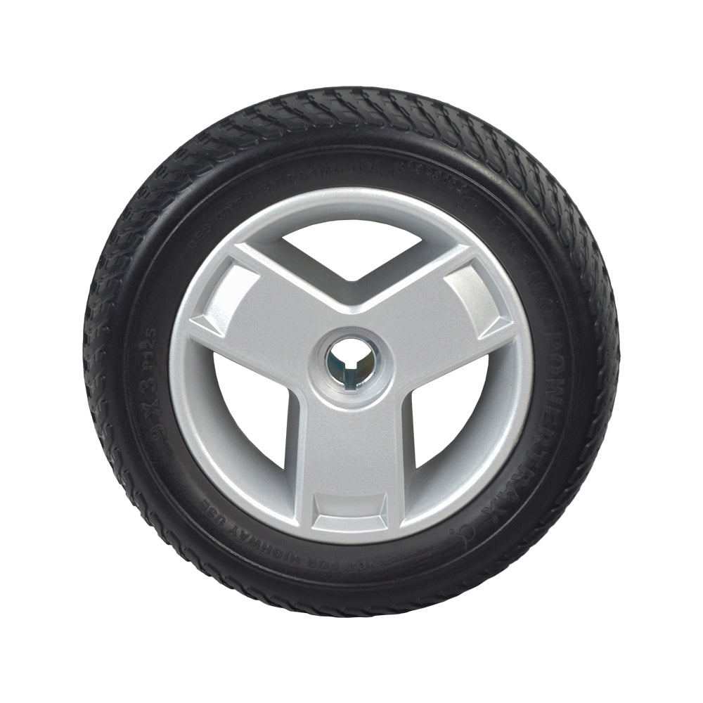 9x3 (2.80/2.50-4) Black Flat-Free Rear Wheel Assembly with Silver Tri-Spoke Rim for Go-Go Elite Traveller Plus, Elite Traveller Plus HD, and Sport mobility scooters.