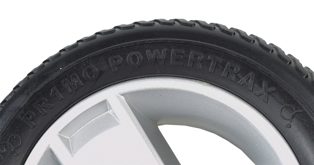 9x3 (2.80/2.50-4) Black Flat-Free Rear Wheel Assembly with Silver Tri-Spoke Rim for the Go-Go Elite Traveller Plus, Traveller Plus HD, and Sport mobility scooters.