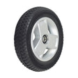 8x2 (200x50) Black Flat-Free Front Wheel Assembly with Silver Tri-Spoke Rim for 4-Wheel Go-Go Mobility Scooters, featuring a close-up of the non-marking tire and alloy wheel.