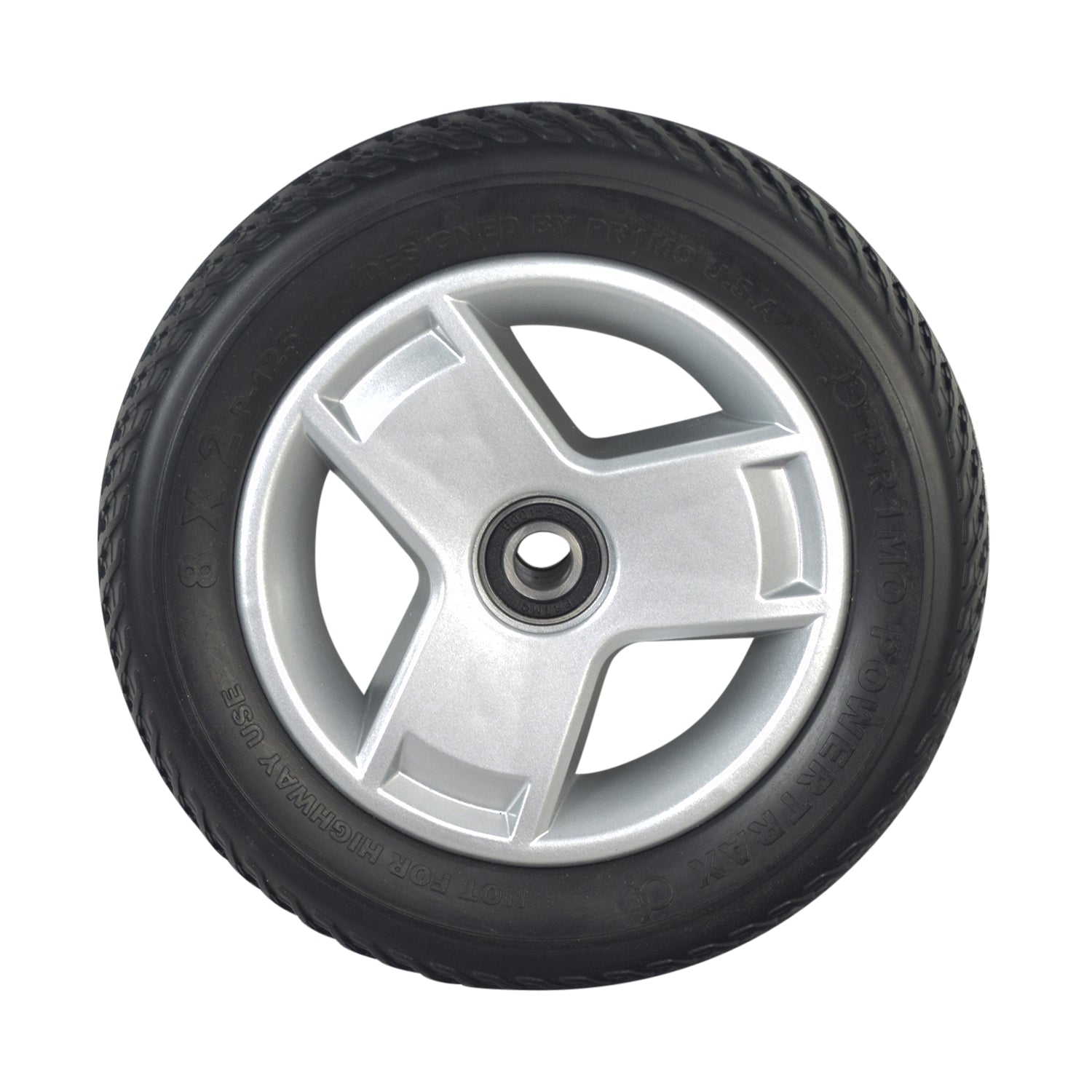 8x2 (200x50) Black Flat-Free Front Wheel Assembly with Silver Tri-Spoke Rim for 4-Wheel Go-Go Mobility Scooters, showcasing a non-marking black tire and a sleek silver tri-spoke rim.