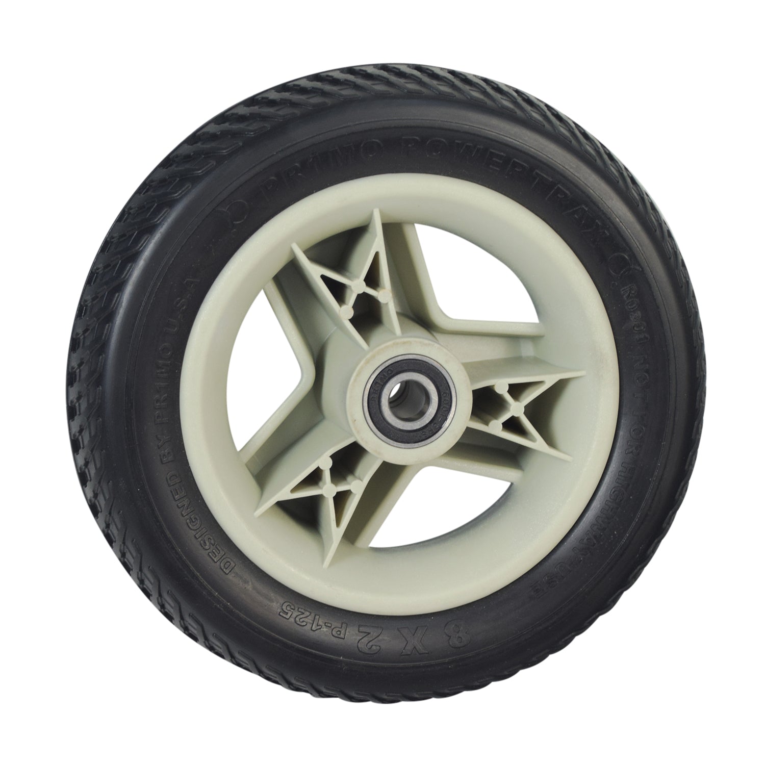 8x2 (200x50) Black Flat-Free Front Wheel Assembly with Silver Tri-Spoke Rim for 4-Wheel Go-Go Mobility Scooters, showcasing a durable, non-marking tire and sleek silver rim design.