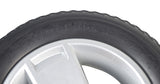 Close-up of an 8x2 (200x50) black flat-free front wheel assembly with a silver tri-spoke rim for Go-Go 4-wheel mobility scooters, showcasing the detailed tread and smooth rim design.