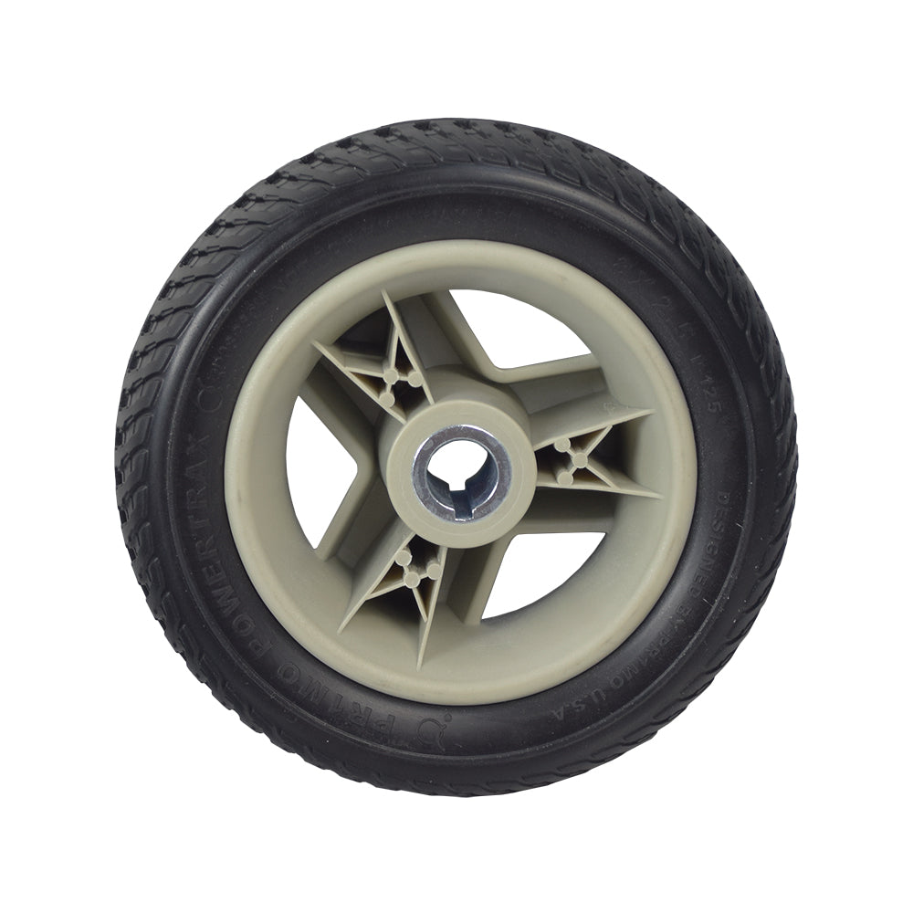 8x2.50 Black Flat-Free Rear Wheel Assembly with Silver Tri-Spoke Rim for Go-Go Scooters, featuring a durable black tire and sleek silver tri-spoke design.