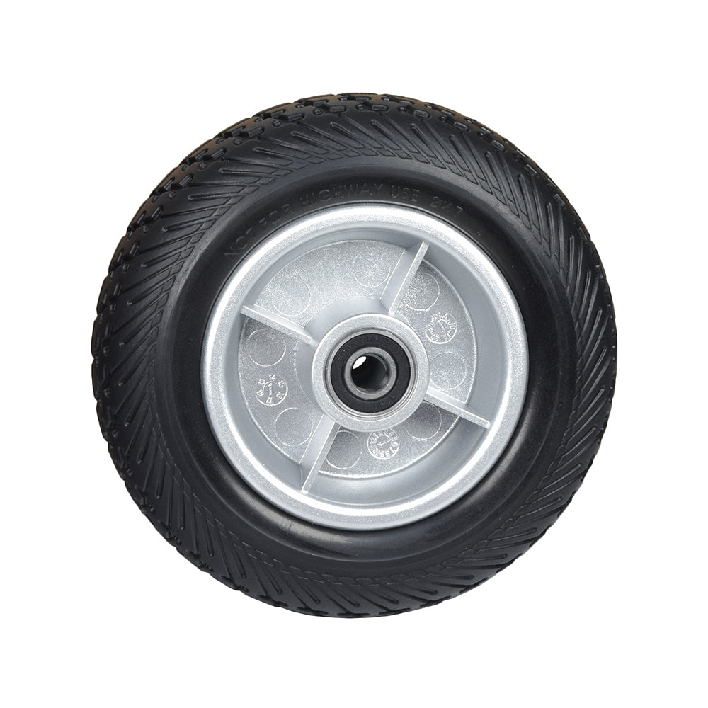 7x2 Black Flat-Free Front Wheel Assembly with Silver Rim for the Go-Go Elite Traveller (SC44E) & Go-Go Ultra X (SC44X) 4-Wheel Mobility Scooter, featuring a close-up of the silver rim and black tire.