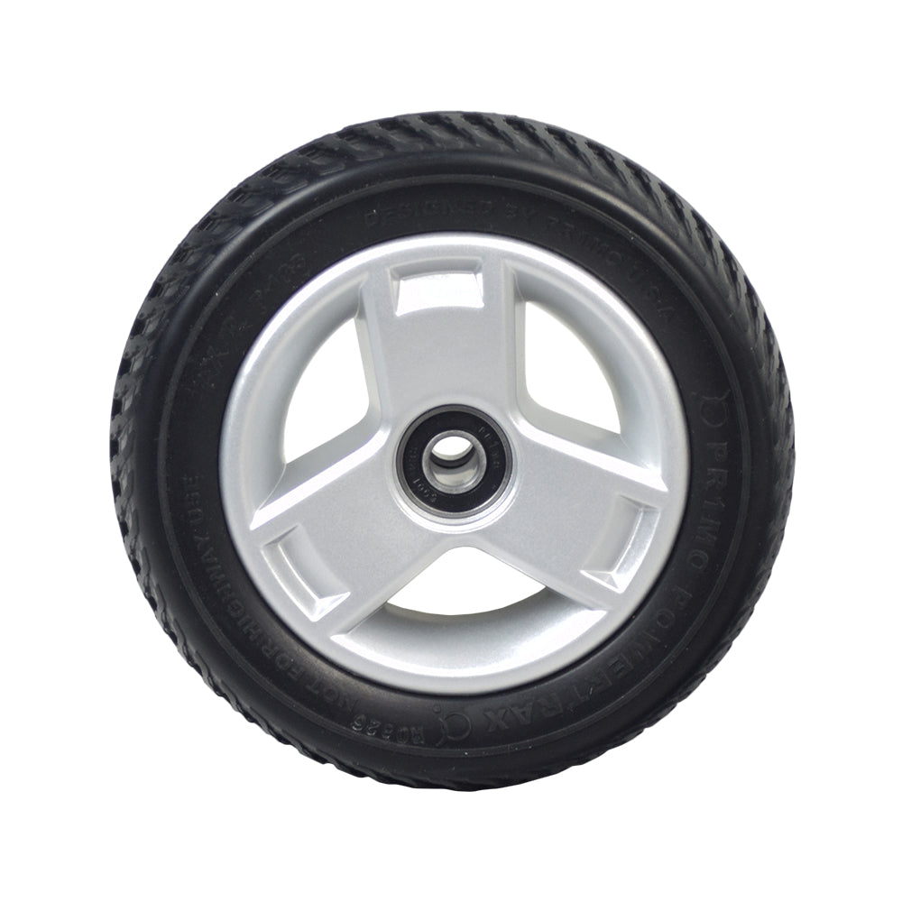 7x2 Black Flat-Free Front Wheel Assembly with Silver Tri-Spoke Rim for 4-Wheel Go-Go Elite Traveller (SC44E) & Go-Go LX with CTS (S54LX) Scooters, showing a close-up of the tire and rim.