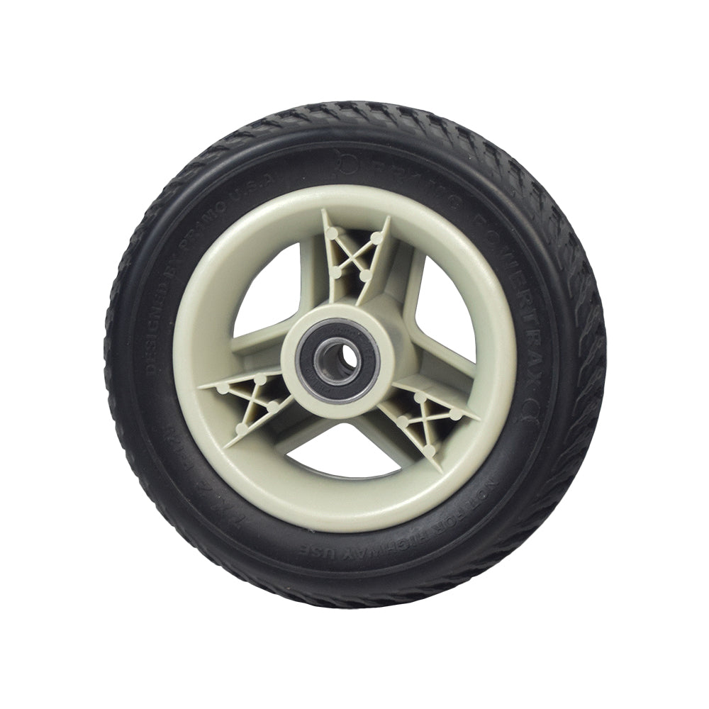 7x2 Black Flat-Free Front Wheel Assembly with Silver Tri-Spoke Rim for 4-Wheel Go-Go Elite Traveller (SC44E) & Go-Go LX with CTS (S54LX) Scooters, featuring a complete wheel, tire, and bearings.