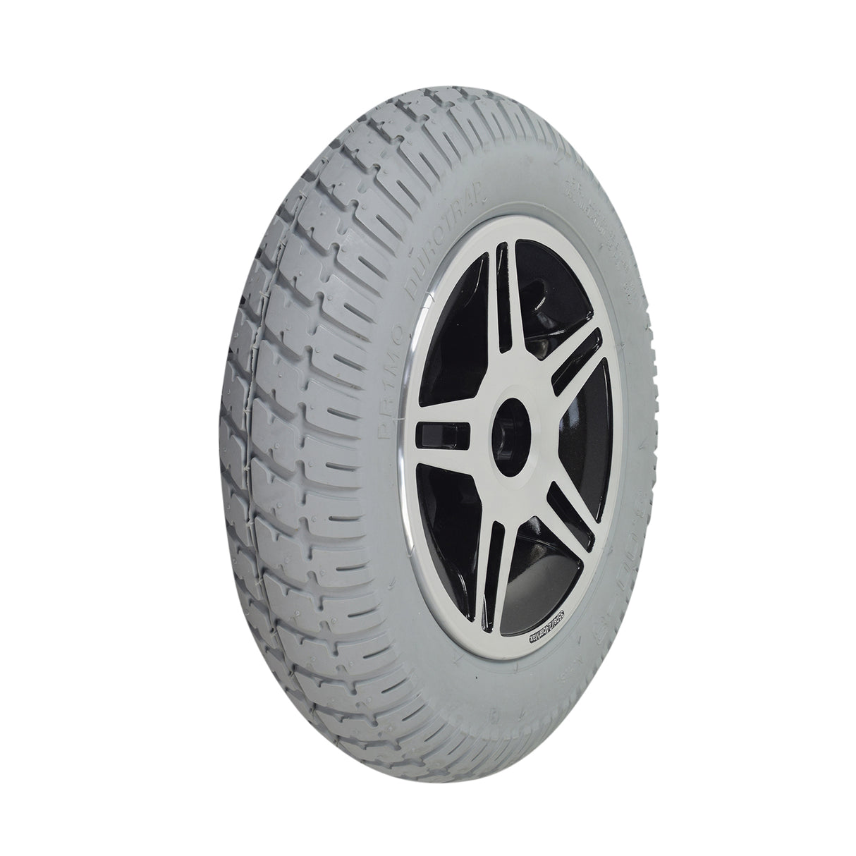 14x3 (3.00-8) Flat-Free Drive Wheel Assembly for the Jazzy Select 14 and Select 14 XL, featuring a tire with a silver rim, Durotrap tread, and complete hub assembly.