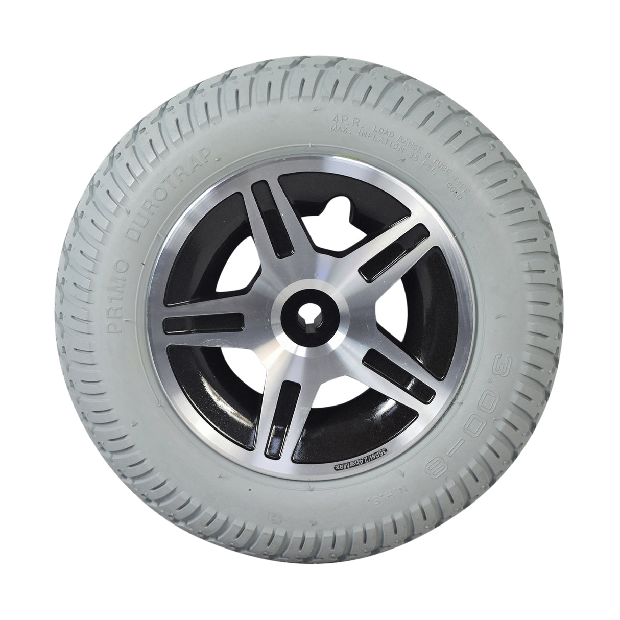 14x3 (3.00-8) Flat-Free Drive Wheel Assembly for the Jazzy Select 14 and Select 14 XL, featuring a silver rim and Durotrap tread, ready to mount with included hub and bolts.