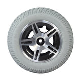 14x3 (3.00-8) Flat-Free Drive Wheel Assembly for the Jazzy Select 14 and Select 14 XL, featuring a silver rim and Durotrap tread, ready to mount with included hub and bolts.