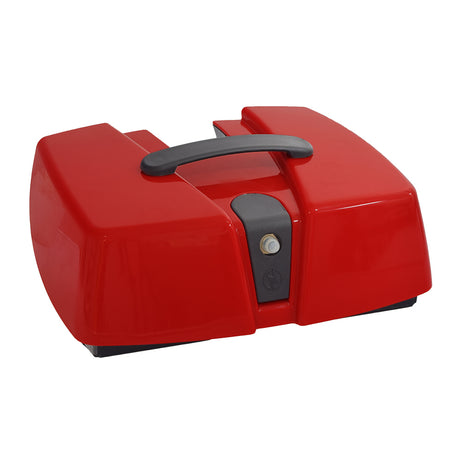 Battery Box Assembly with Batteries for the Go-Go Go-Chair, showcasing a red box with a lock and visible device components, designed for quick disassembly and weatherproof use.