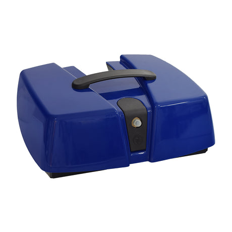 Battery Box Assembly with Batteries for the Go-Go Go-Chair, showcasing a blue rectangular box with a key and handle, designed for easy disassembly and weatherproof protection.