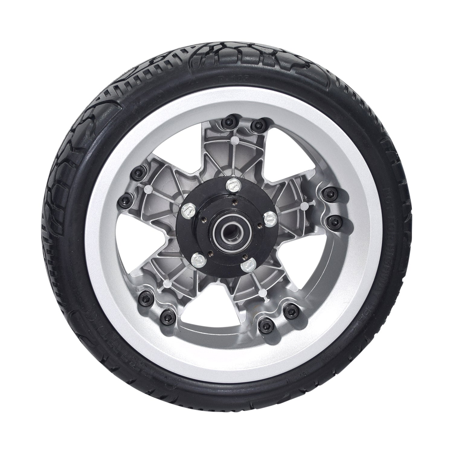 12.9x4 Foam-Filled Front Wheel Assembly for the Pride Pursuit (SC713) Mobility Scooter (WHLASMB2074). Features a silver rim, tapered hub, and Primo foam-filled tire with P105 tread pattern.