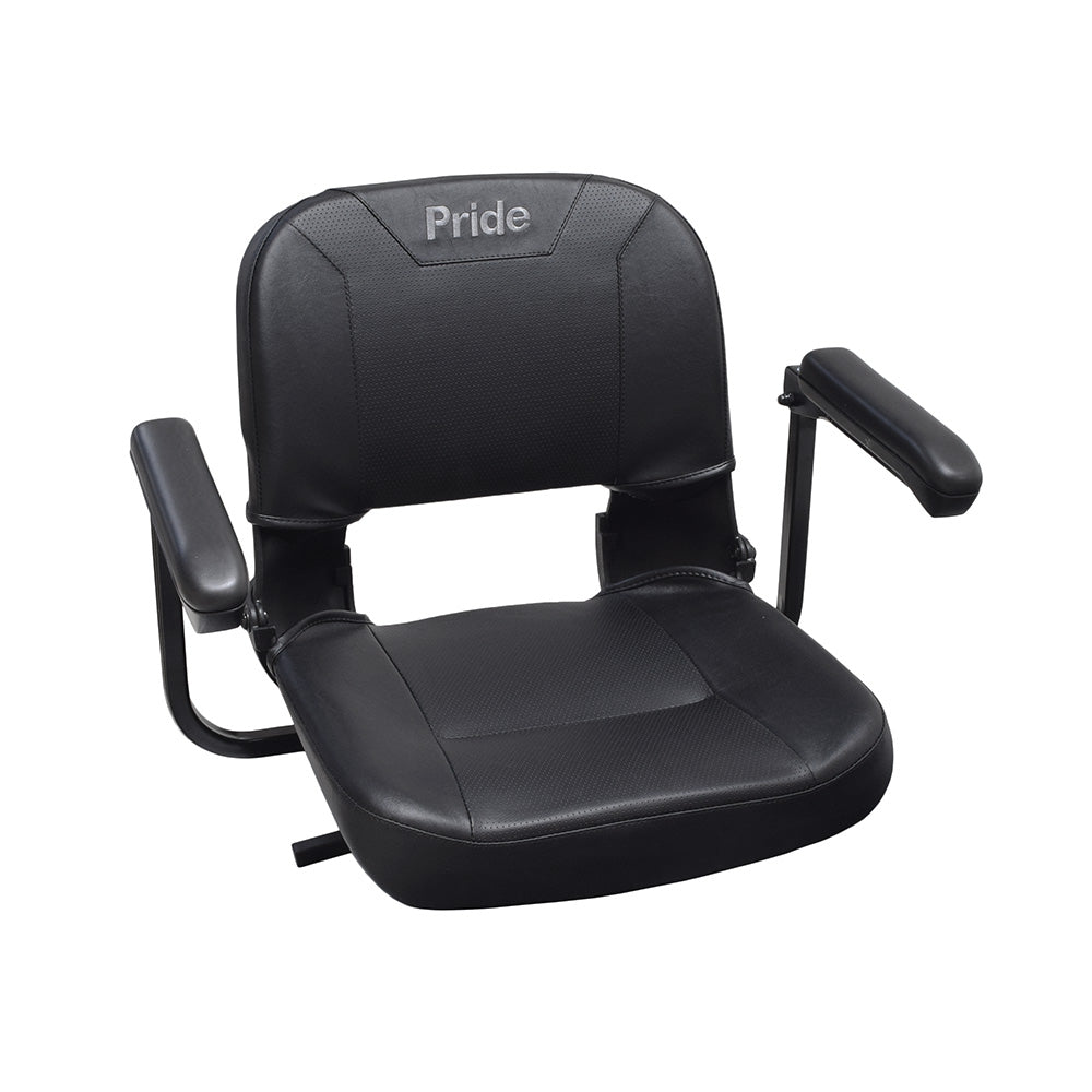 17x17 Black Textured Vinyl Seat Assembly for the Pride Revo, Sonic, Star, Victory 3, & Go-Go Scooters, featuring armrests and a molded seat cushion, designed for comfort and easy assembly.