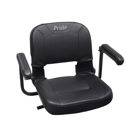 17x17 Black Textured Vinyl Seat Assembly for Pride Revo, Sonic, Star, Victory 3, & Go-Go Scooters, featuring armrests and a black leather seat cushion, slightly blemished but fully functional.