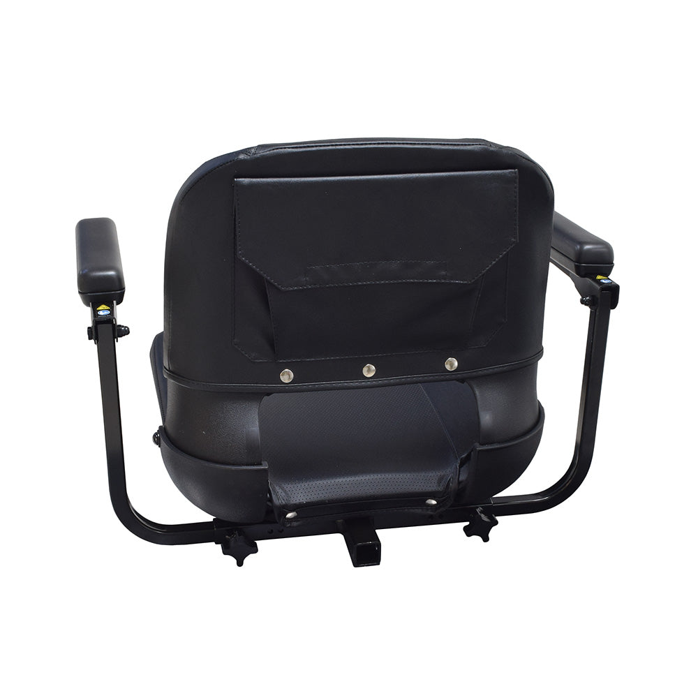 17x17 Black Textured Vinyl Seat Assembly for the Pride Revo, Sonic, Star, Victory 3, & Go-Go Scooters, featuring a molded seat with armrests and a 1 diameter seat post.