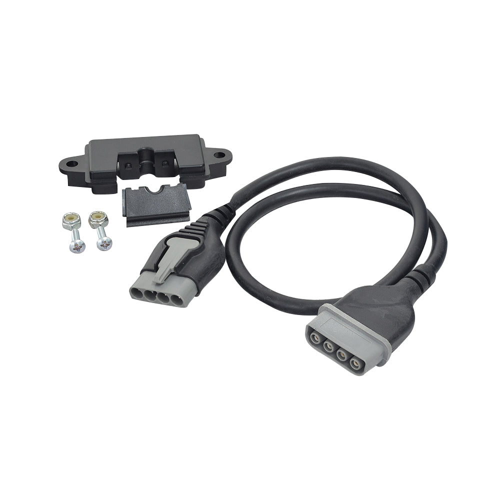 Strain Relief Clamp & Extension Cable for the Jazzy Select 14 & Select 14XL with VR2 Controller, showing a black cable with connector and accompanying screws for secure attachment.