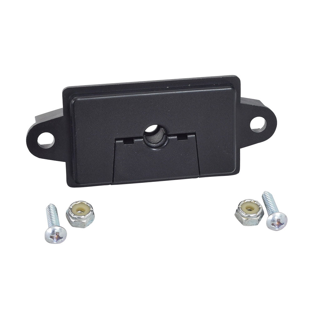 Strain Relief Clamp & Extension Cable for the Jazzy Select 14 & Select 14XL with VR2 Controller, showcasing a black plastic clamp with screws, bolts, and a rectangular hole, designed to secure the bus cable extension.