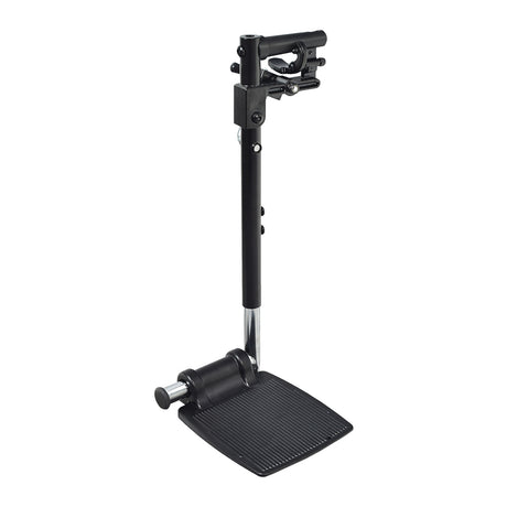 Elevating Leg Rest Style 12 with 8-1/2x6 Footplate for Jazzy and Jet Power Chairs, featuring a black stand, black rubber footrest, and silver metal components, compatible with various Pride Mobility models.