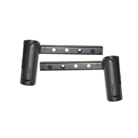 Leg Rest Hanger Assembly for the Drop-In Legrest on Quantum Synergy Seats, featuring a black metal bar with holes, essential for securing the leg rest. Available for both left and right side assemblies.