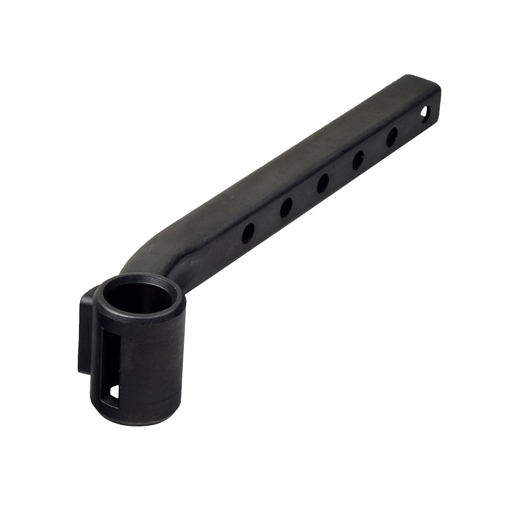 Leg Rest Hanger Assembly with Hardware for Jazzy and Quantum Power Chairs, a black tool featuring multiple holes, designed for the #8 swing-away leg rest style, compatible with left and right sides.