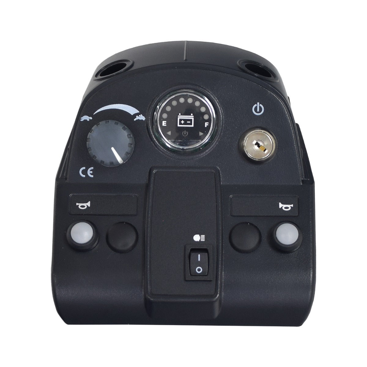 Electronic Console Assembly for the Pride Victory 9 and Victory 10, featuring buttons, dials, a key switch, speed control knob, horn button, and LED meter, designed for mobility scooter dashboards.