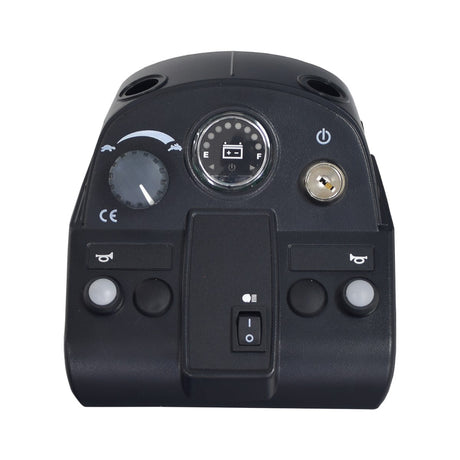 Electronic Console Assembly for the Pride Victory 9 and Victory 10, featuring buttons, dials, a key switch, speed control knob, horn button, and LED meter, designed for mobility scooter dashboards.