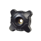 Black Tiller Pivot Knob for Go-Go and Pride Travel Scooters, featuring a black plastic design with a central hole, used for folding the tiller unit for transport or storage.