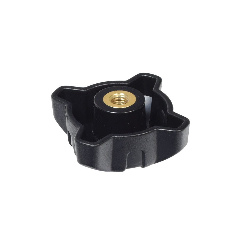 Black Tiller Pivot Knob for Go-Go and Pride Travel Scooters: a close-up of a black plastic knob with a gold nut, essential for folding the tiller unit down for transport or storage.