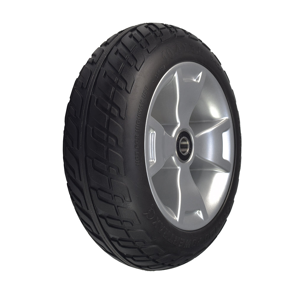 Black Foam-Filled Front Wheel Assembly for the 3-Wheel Pride Celebrity X (SC4001) and Mega Motion Endeavor X (MM4001DX) featuring a low profile black tire and a shiny silver rim with wheel bearings.