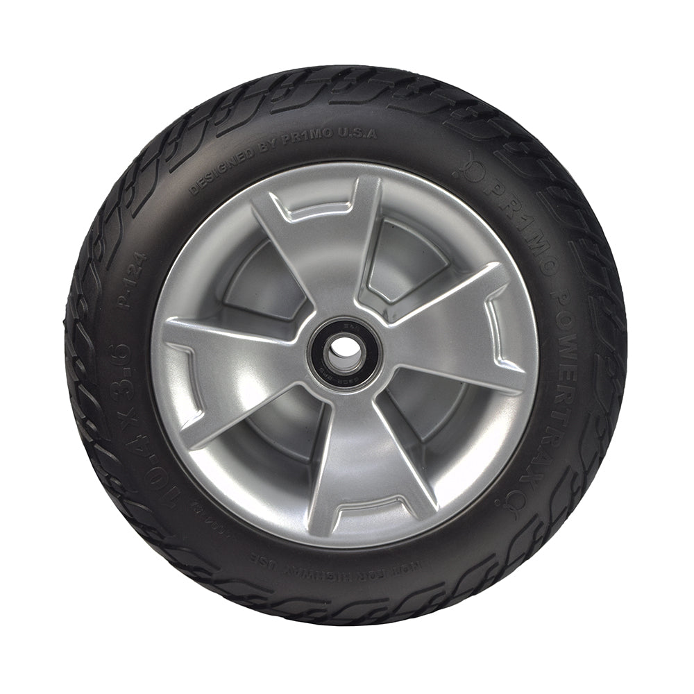 Black Foam-Filled Front Wheel Assembly for the 3-Wheel Pride Celebrity X (SC4001) & Mega Motion Endeavor X (MM4001DX) featuring a low profile black tire, shiny silver rim, and wheel bearings.