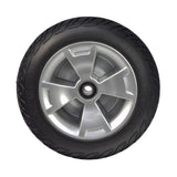 Black Foam-Filled Front Wheel Assembly for the 3-Wheel Pride Celebrity X (SC4001) & Mega Motion Endeavor X (MM4001DX) featuring a low profile black tire, shiny silver rim, and wheel bearings.