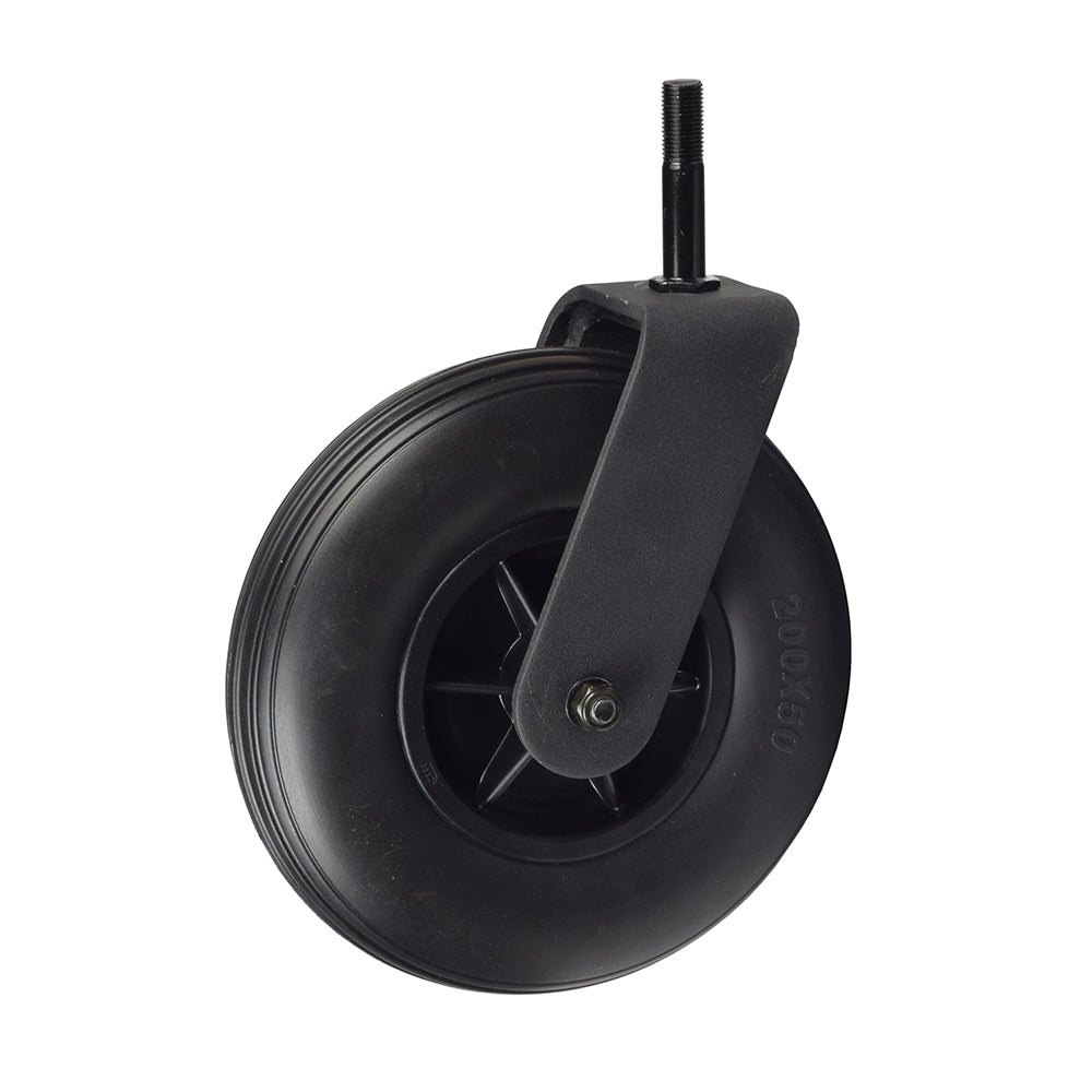 8x2 (200x50) Black Flat-Free Caster Assembly with Fork for Jazzy Select HD Power Chair, featuring a black wheel with a metal core, rubber tire, and included fork and bearings.