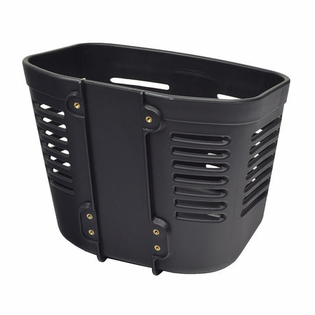 Front Basket without Hardware for Go-Go Scooters (Blemished) - A black plastic basket with holes, minor scratches, and a compact, lightweight design for front tiller mounting on compatible Go-Go scooter models.