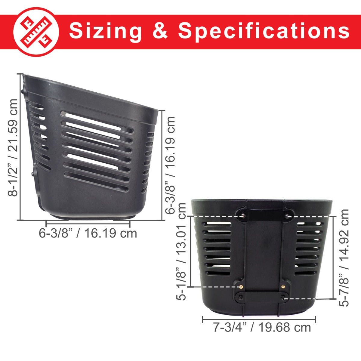 Front Basket Assembly for the Go-Go ES and Pride Travel Pro: a black plastic oval basket with holes, designed for mounting on the front tiller of mobility scooters.